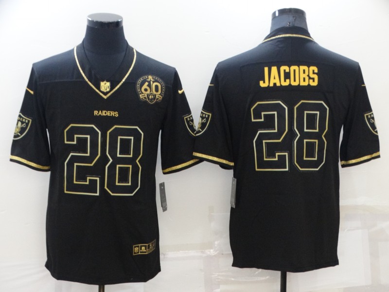Men's Las Vegas Raiders #28 Josh Jacobs Black/Gold With 60th Anniversary Patch Vapor Limited Stitched Jersey Men's Las Vegas Raiders #28 Josh Jacobs Black/Gold With 60th Anniversary Patch Vapor Limited Stitched Jersey